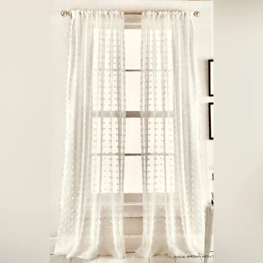 DKNY White sheer Curtain Panel Swiss dot.   2 panels 50in x  84in